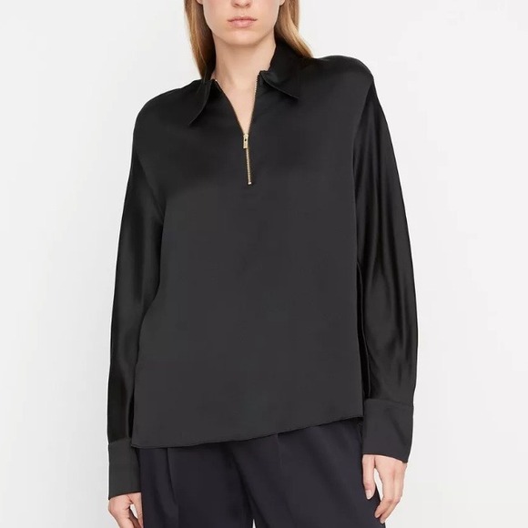Vince Silk Long Sleeve Zip‎ Blouse BlackXXS V968412841
